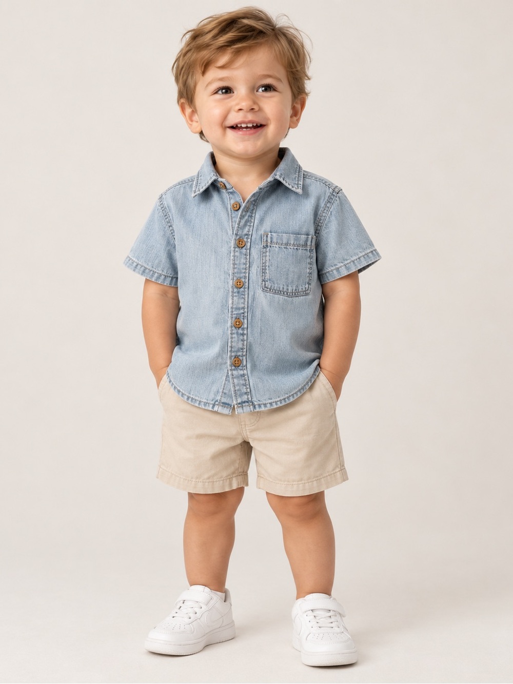 Zara Baby Boys Light Wash Chambray Short Sleeve Button-Up Shirt 18-24M